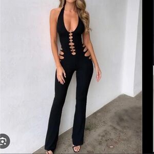 Black Halter Cutout Boot-Cut Jumpsuit